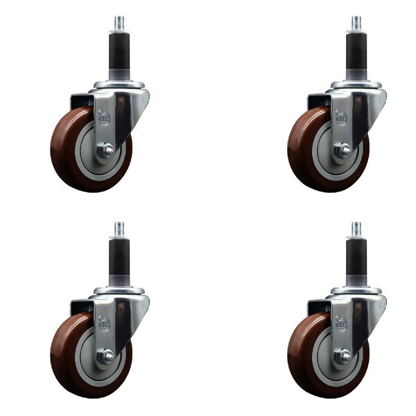 3.5'' Maroon Poly Wheel Swivel 1-1/8'' Expanding Stem Caster Set, 4PK
